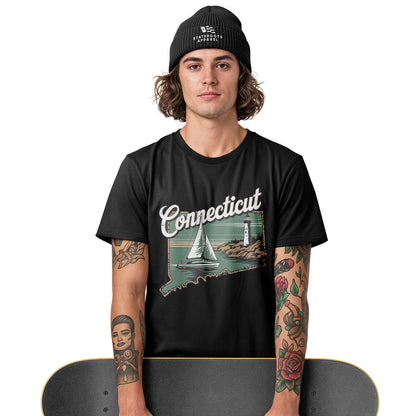 Connecticut Sailboat Lighthouse T-Shirt | Cursive Coast Tee - White