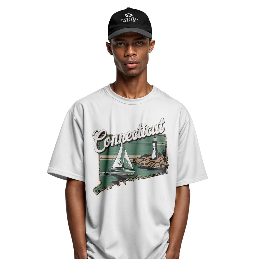 Connecticut Sailboat Lighthouse T-Shirt | Cursive Coast Tee - White