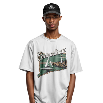 Connecticut Sailboat Lighthouse T-Shirt | Cursive Coast Tee - White