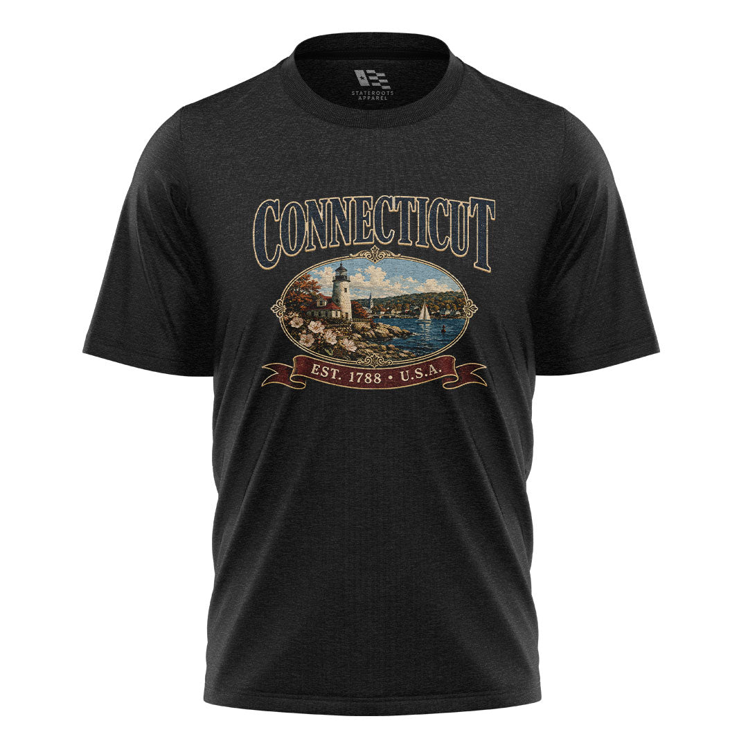 Connecticut Lighthouse T-Shirt | Vintage Banner Tee - Black