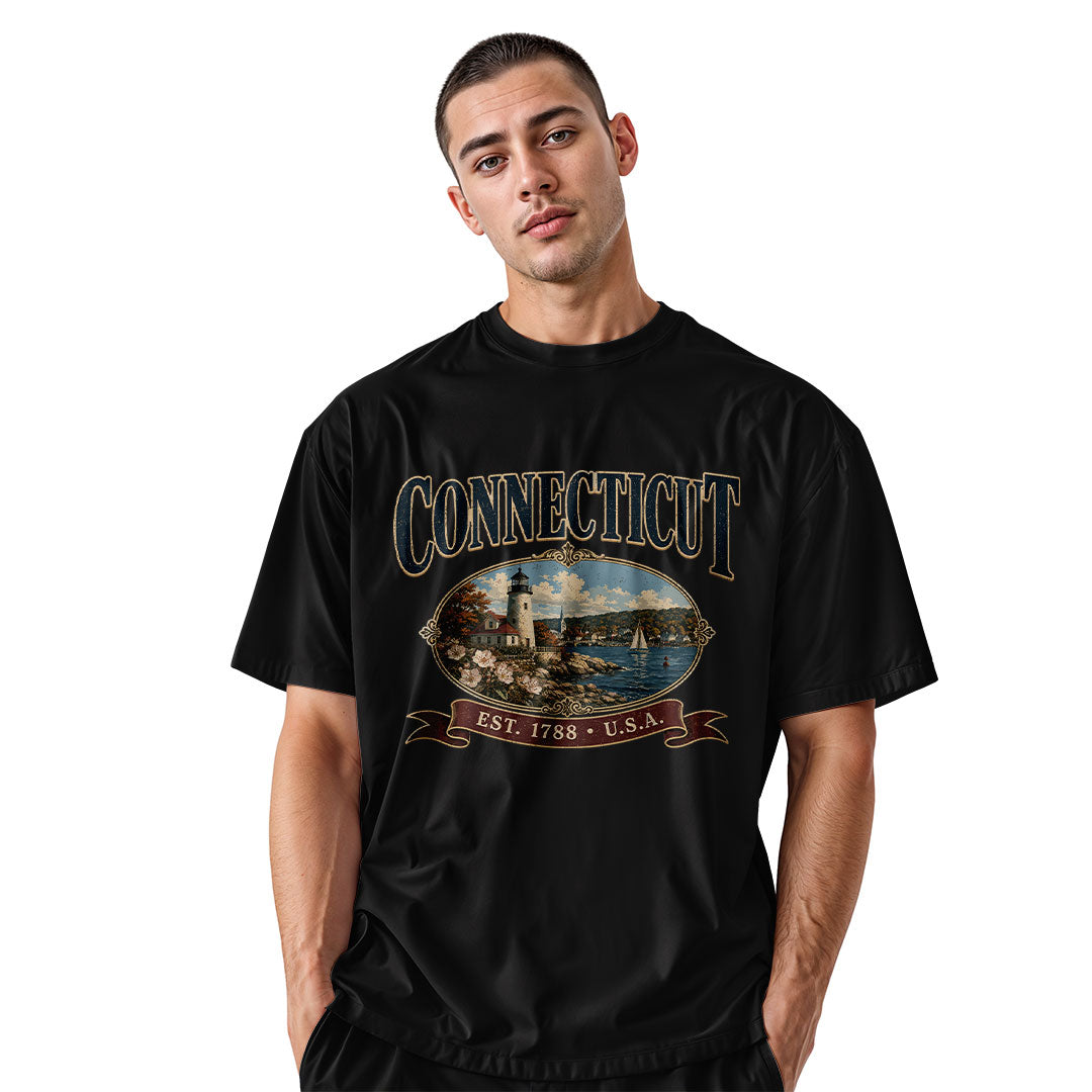 Connecticut Lighthouse T-Shirt | Vintage Banner Tee - Black