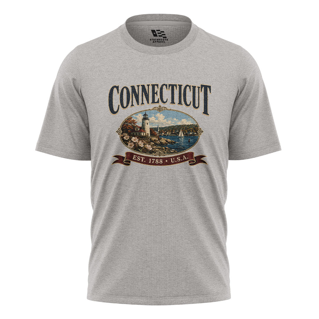 Connecticut Lighthouse T-Shirt | Vintage Banner Tee - Sport Grey