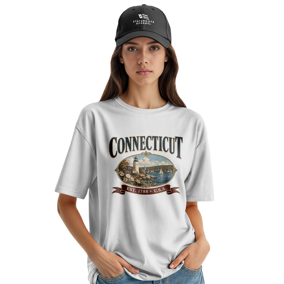 Connecticut Lighthouse T-Shirt | Vintage Banner Tee - White