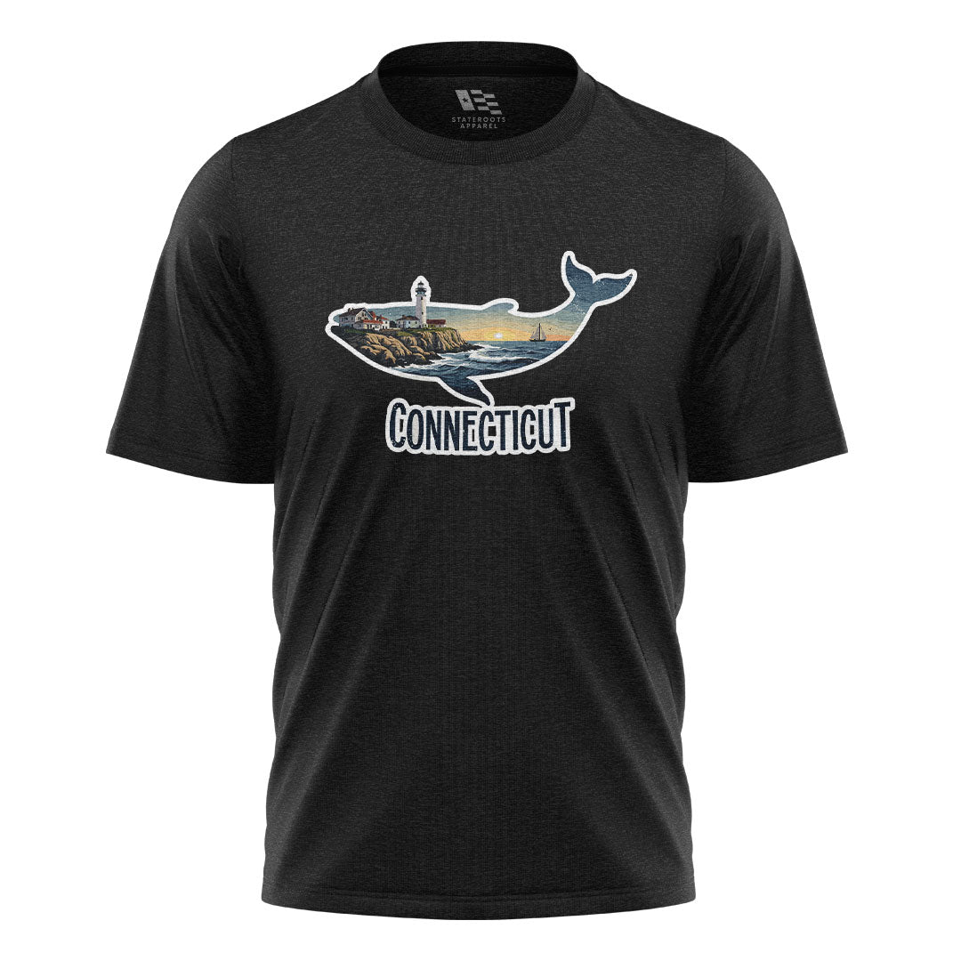 Connecticut Whale T-Shirt | Lighthouse Coast Silhouette Tee - Black