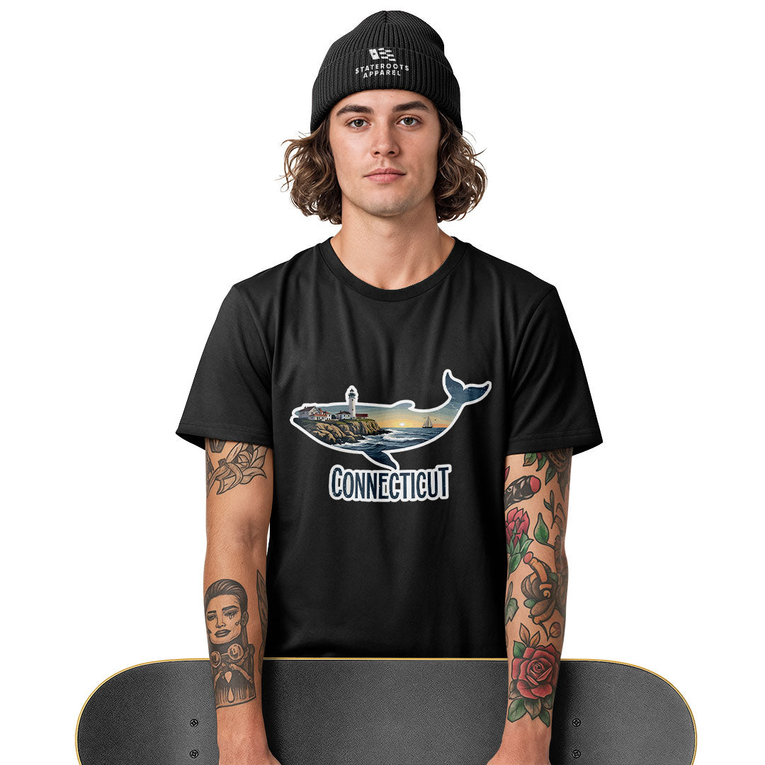 Connecticut Whale T-Shirt | Lighthouse Coast Silhouette Tee - White
