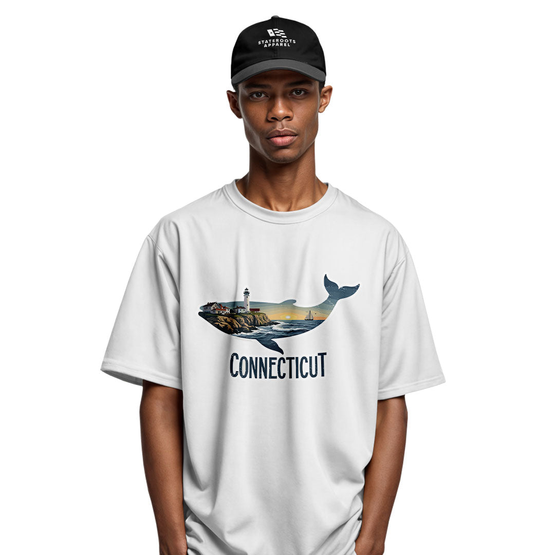 Connecticut Whale T-Shirt | Lighthouse Coast Silhouette Tee - White