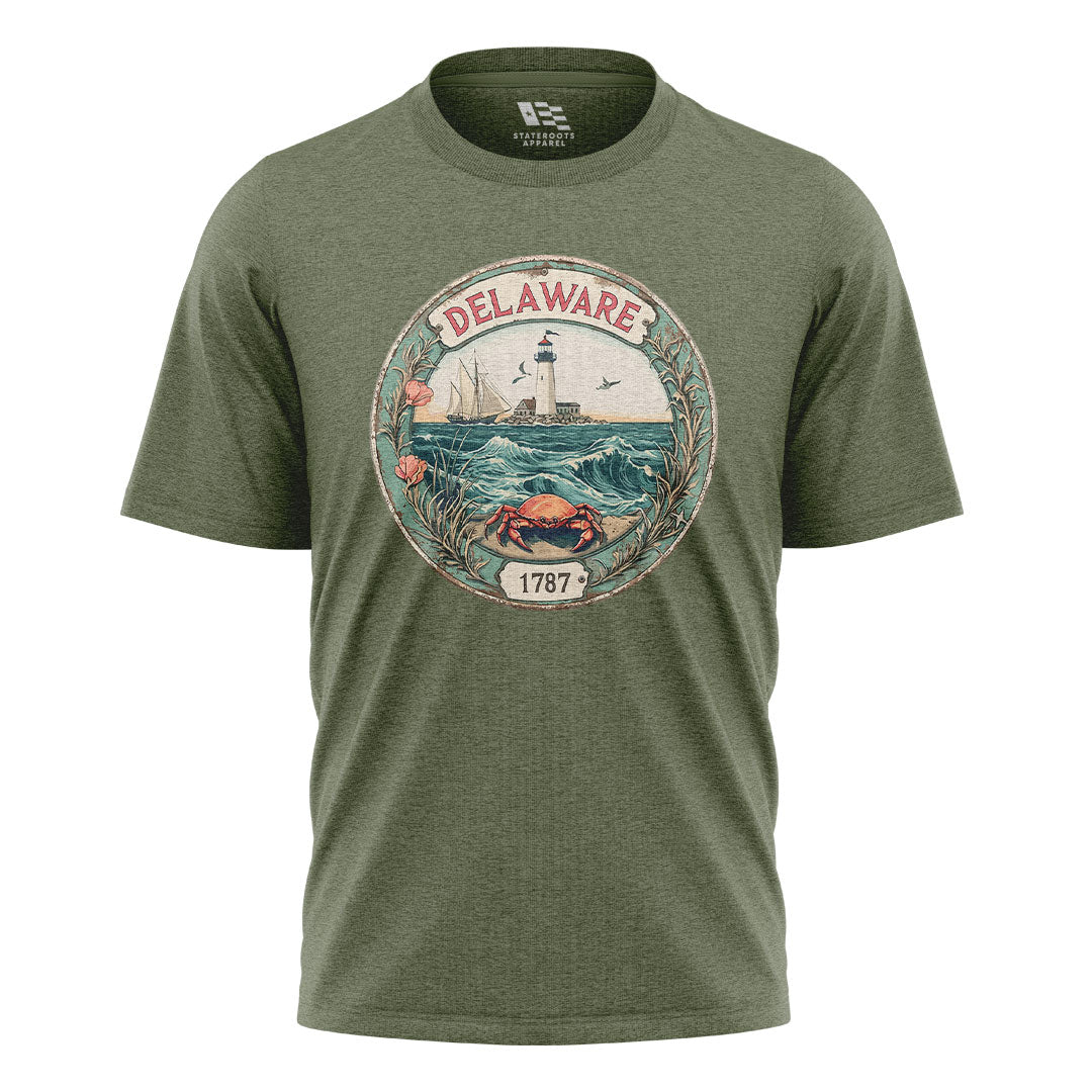 Delaware 1787 Lighthouse Crab Seal Tee | Vintage - military-green - image 1