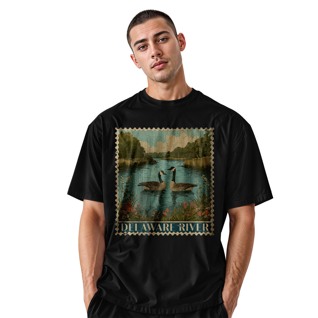 Delaware River Geese T-Shirt | Vintage Stamp Tee - black - image 9