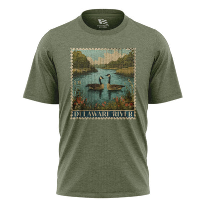 Delaware River Geese T-Shirt | Vintage Stamp Tee - military-green - image 1