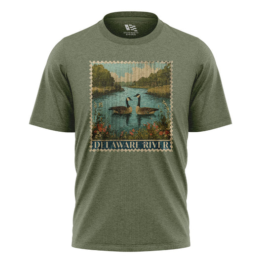 Delaware River Geese T-Shirt | Vintage Stamp Tee - military-green - image 1