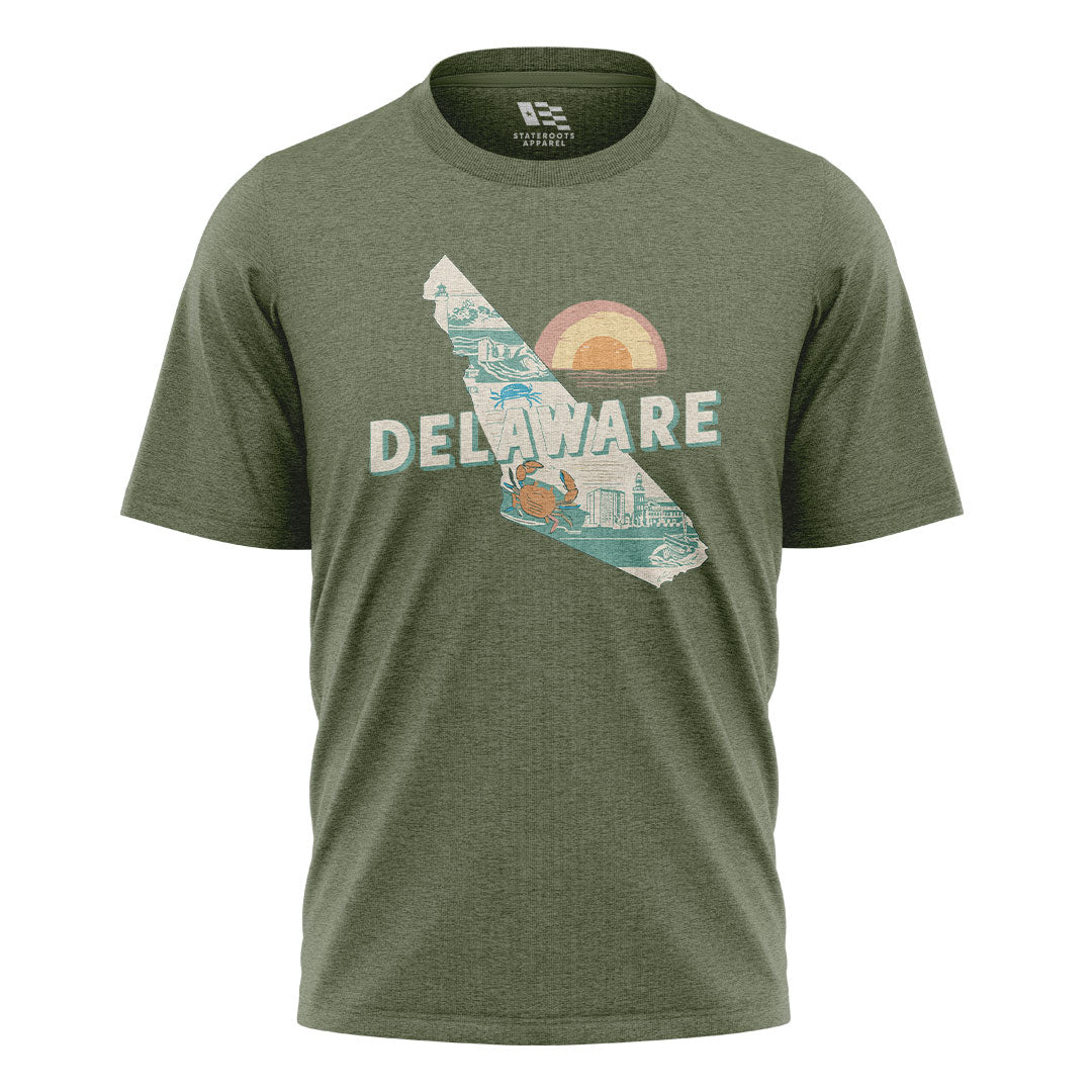 Delaware State Silhouette Sunset T-Shirt | Retro Tee - military-green - image 1