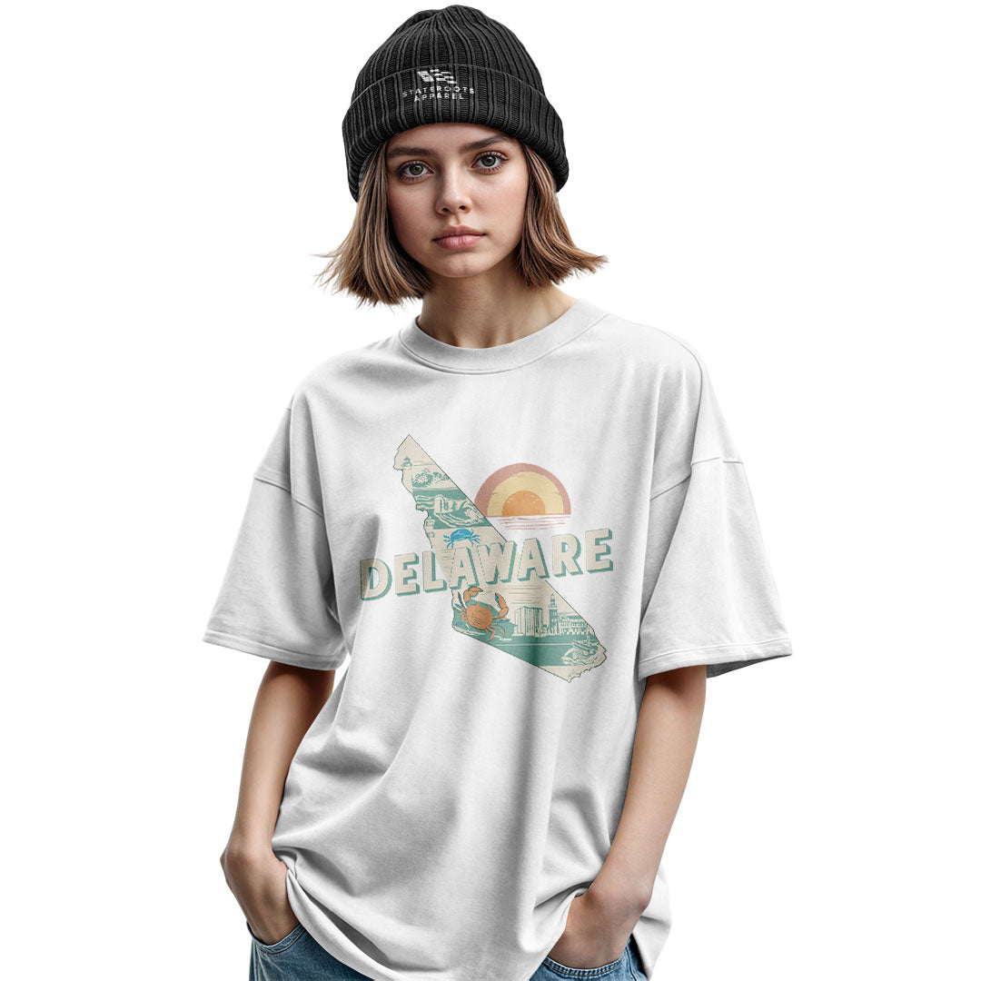 Delaware State Silhouette Sunset T-Shirt | Retro Tee - military-green - image 7
