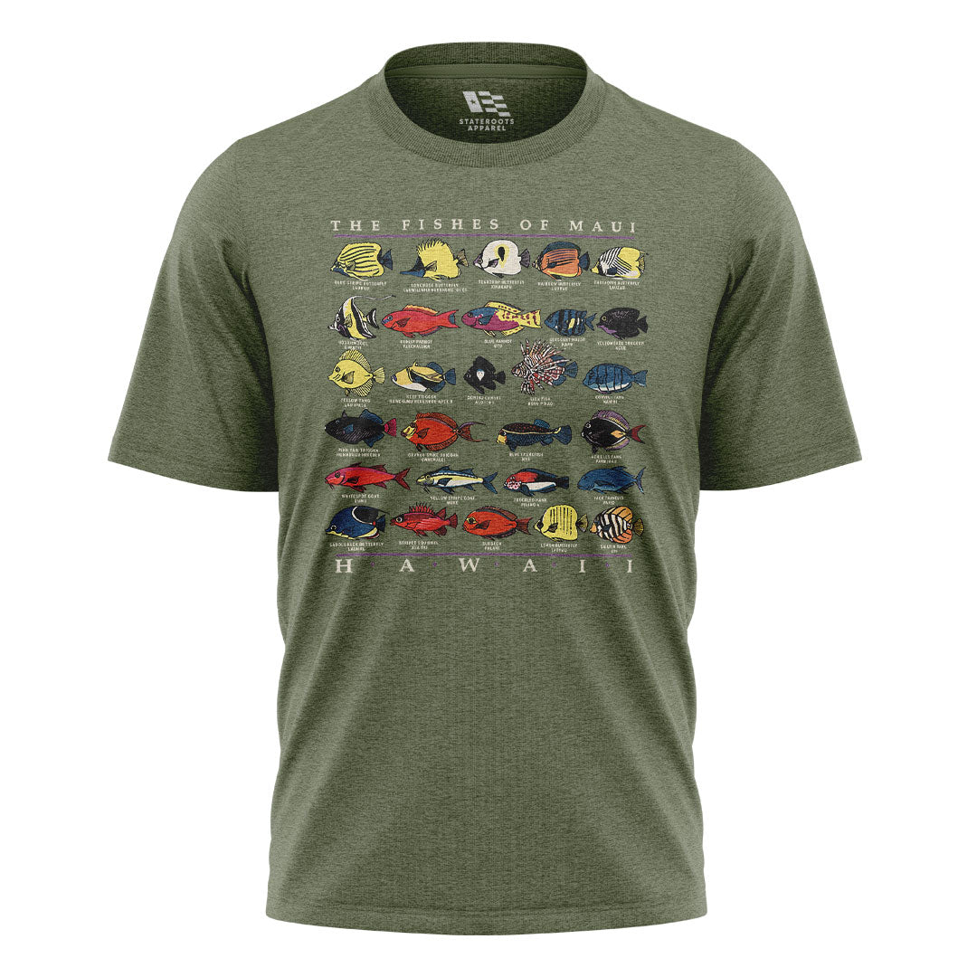 Fishes of Maui Hawaii Chart Tee - Military Green flatlay
