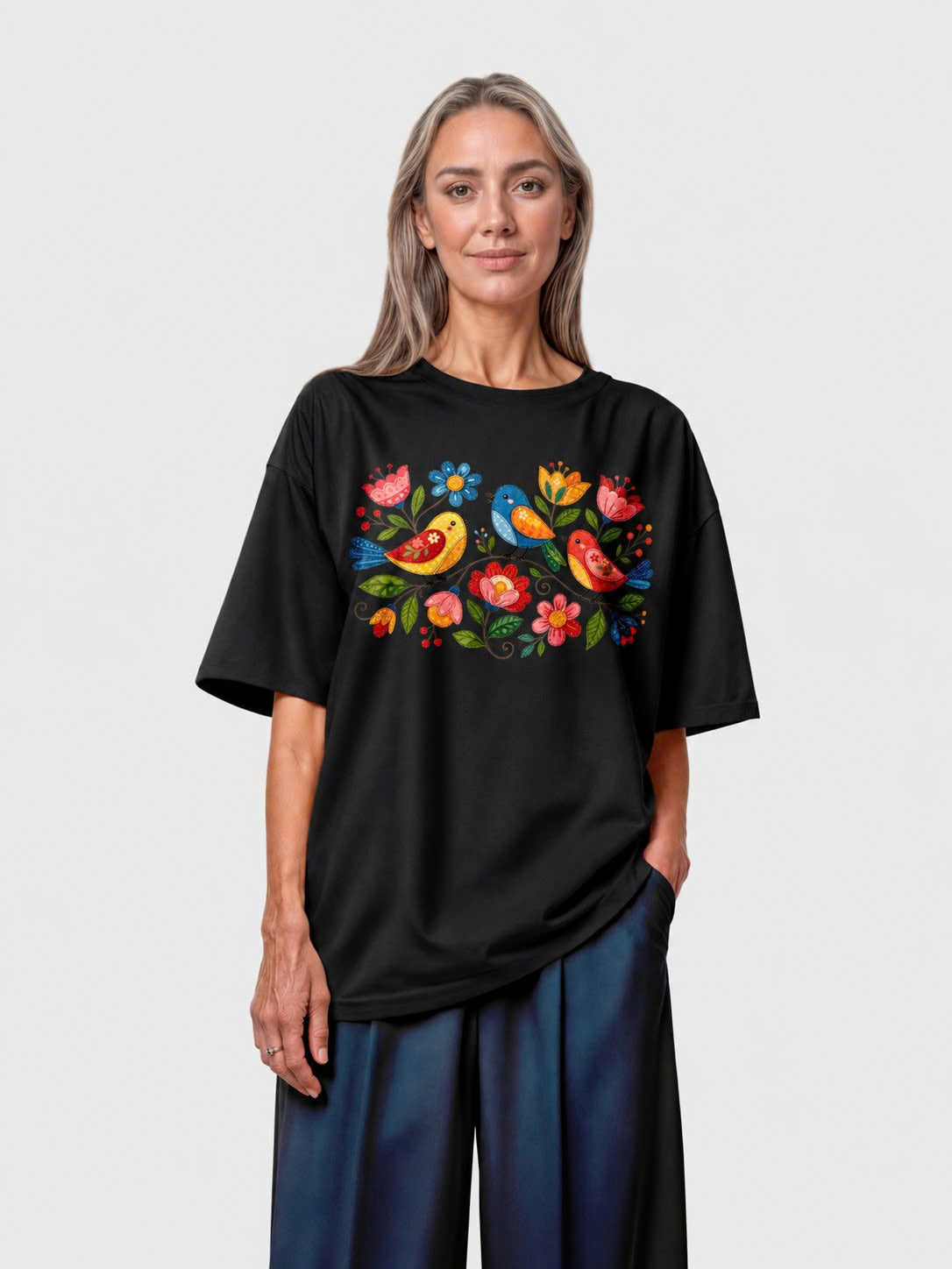 Folk Birds Spring Flowers Vintage Tee - Black flatlay 1