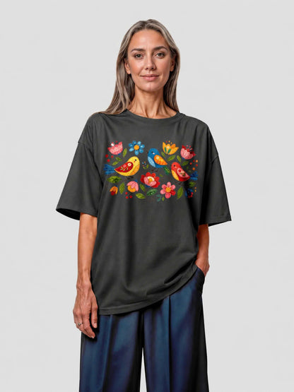 Folk Birds Spring Flowers Vintage Tee - Charcoal flatlay 1