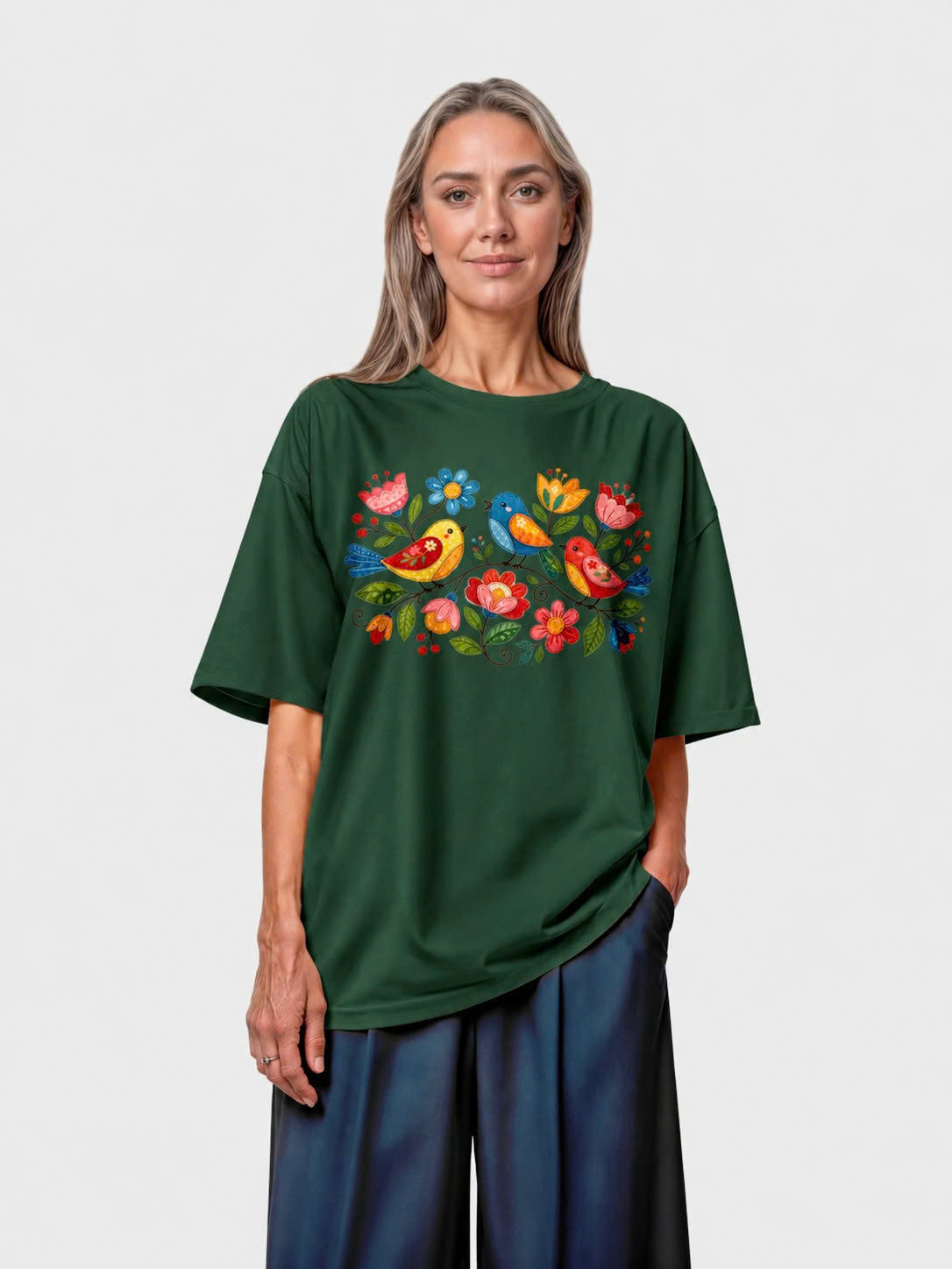 Folk Birds Spring Flowers Vintage Tee - Military Green flatlay 1