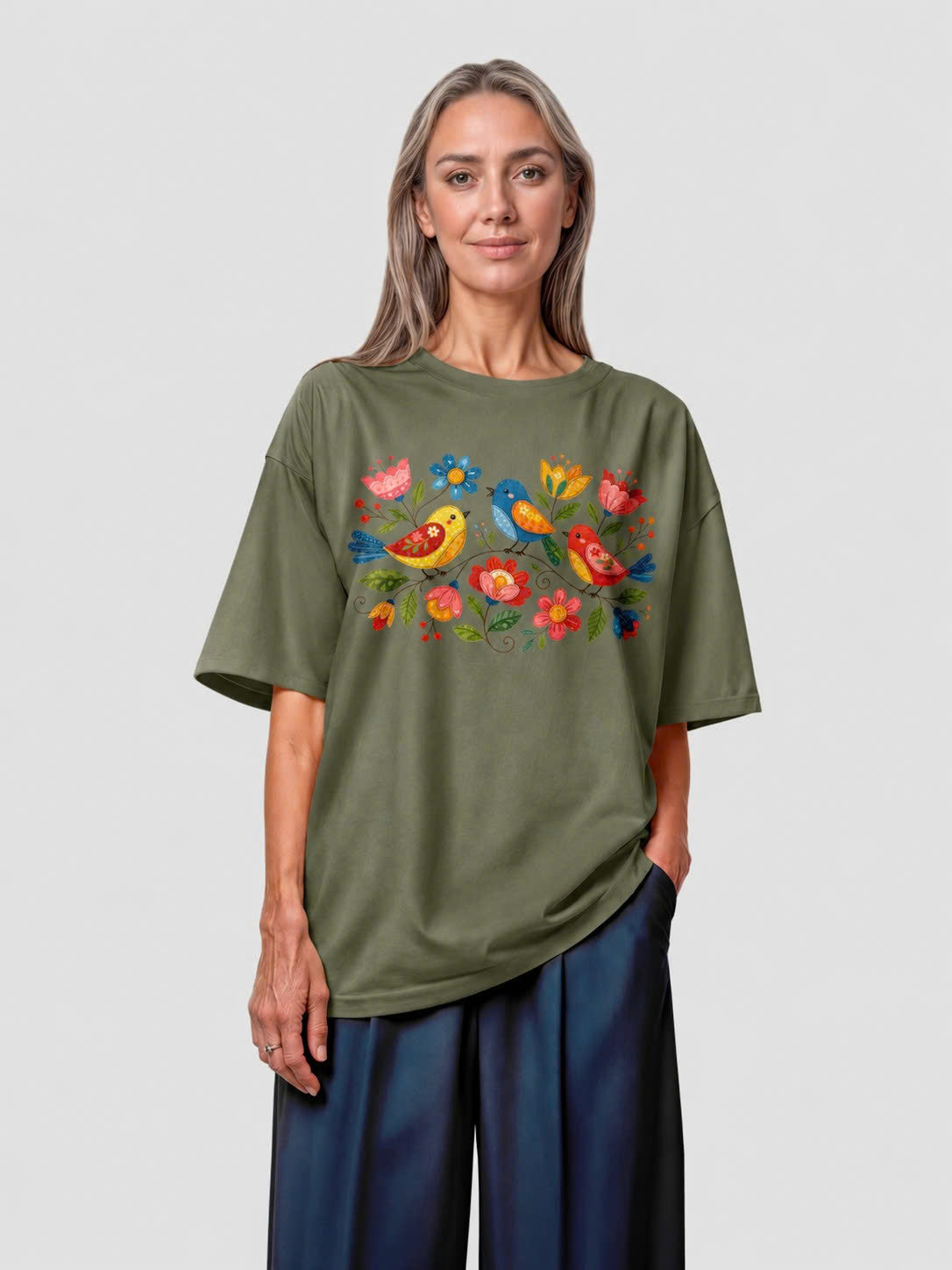 Folk Birds Spring Flowers Vintage Tee - Military Green view 2