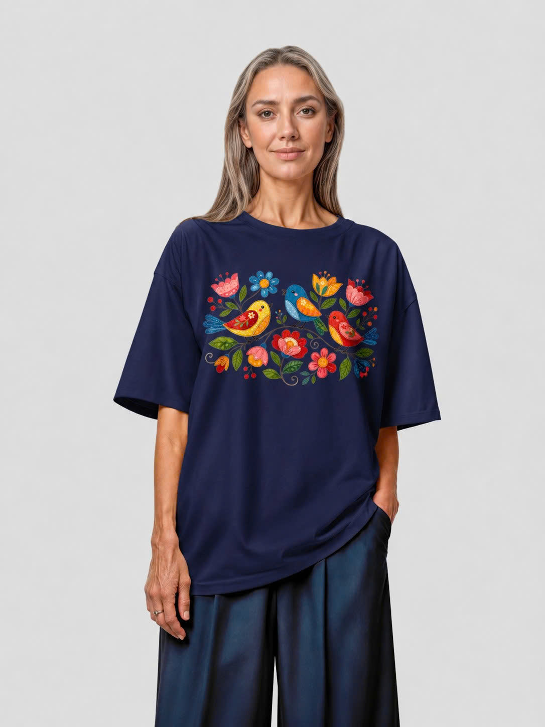 Folk Birds Spring Flowers Vintage Tee - Navy flatlay 1