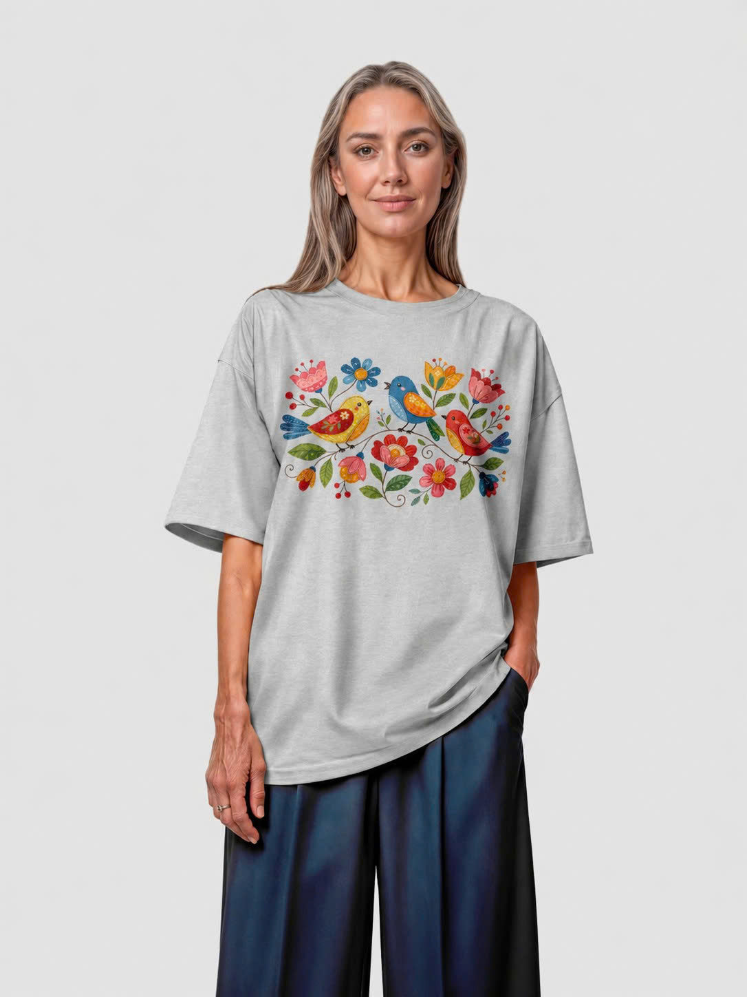Folk Birds Spring Flowers Vintage Tee - Sport Grey flatlay 1