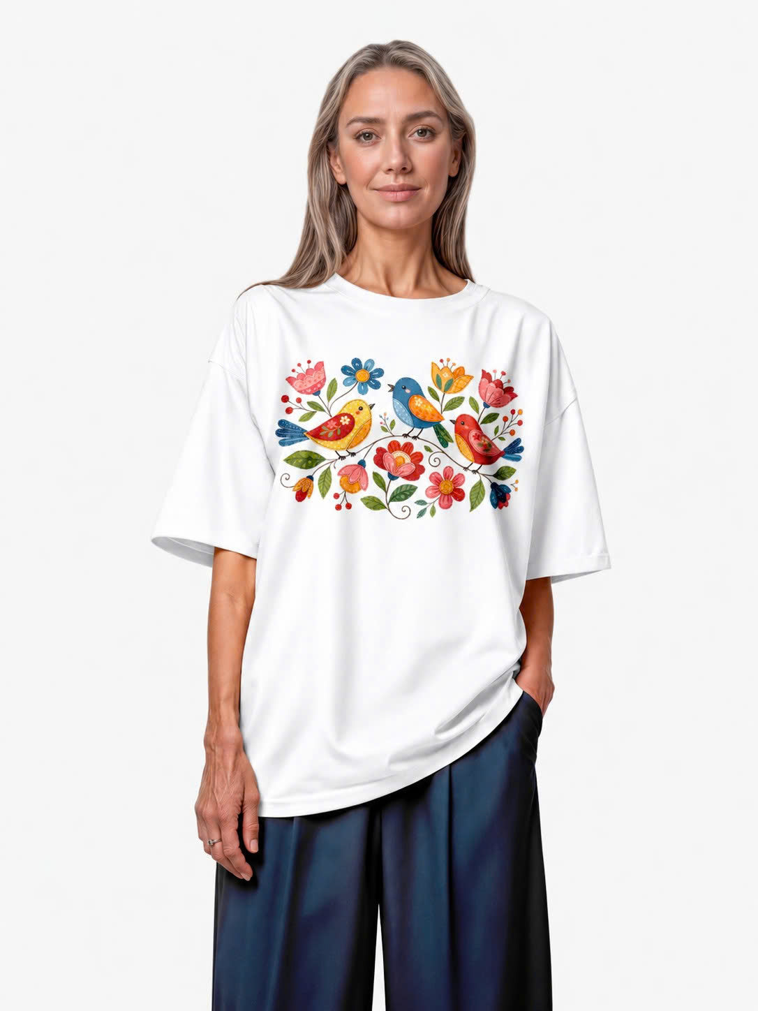 Folk Birds Spring Flowers Vintage Tee - White flatlay 1