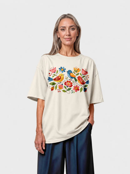 Folk Birds Spring Flowers Vintage Tee - White view 2