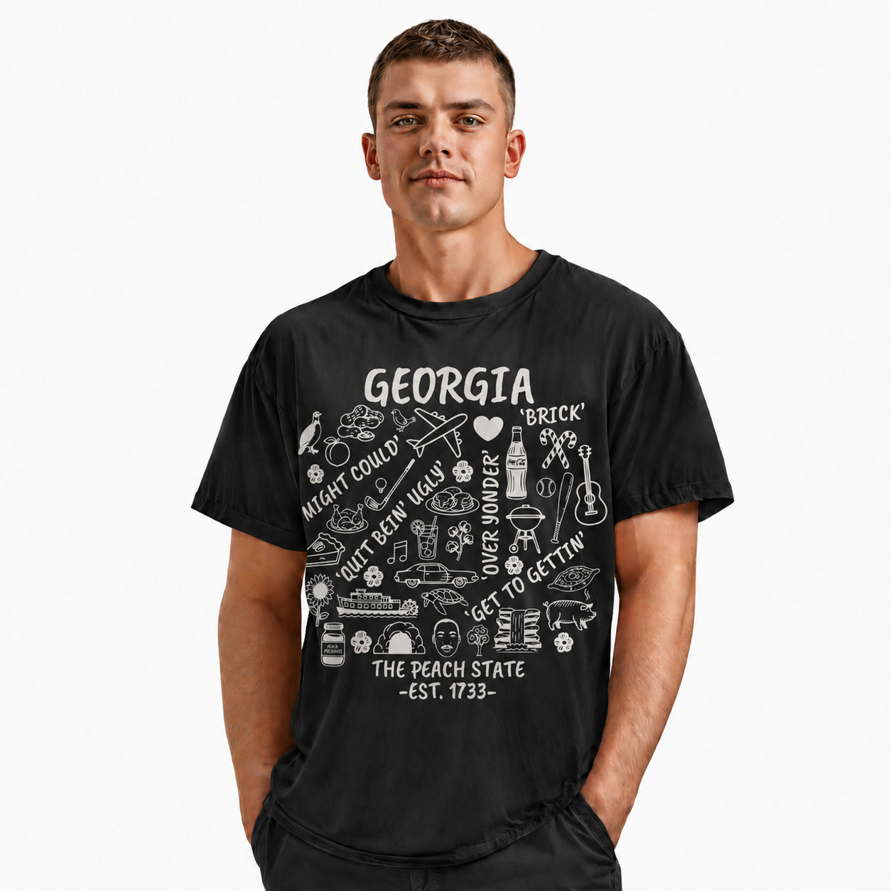 Georgia Peach State Doodle Map T-Shirt | Atlanta Icons Vintage Tee