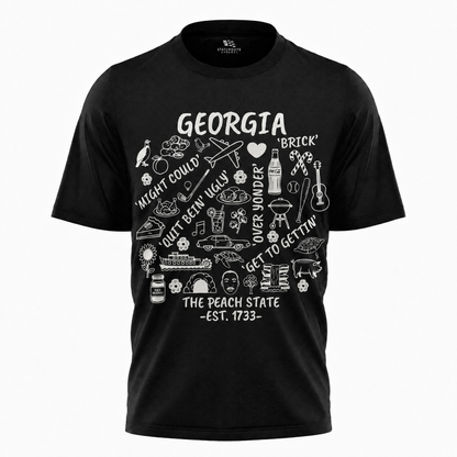 Georgia Peach State Doodle Map T-Shirt | Atlanta Icons Vintage Tee