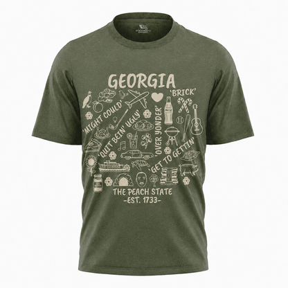 Georgia Peach State Doodle Map T-Shirt | Atlanta Icons Vintage Tee