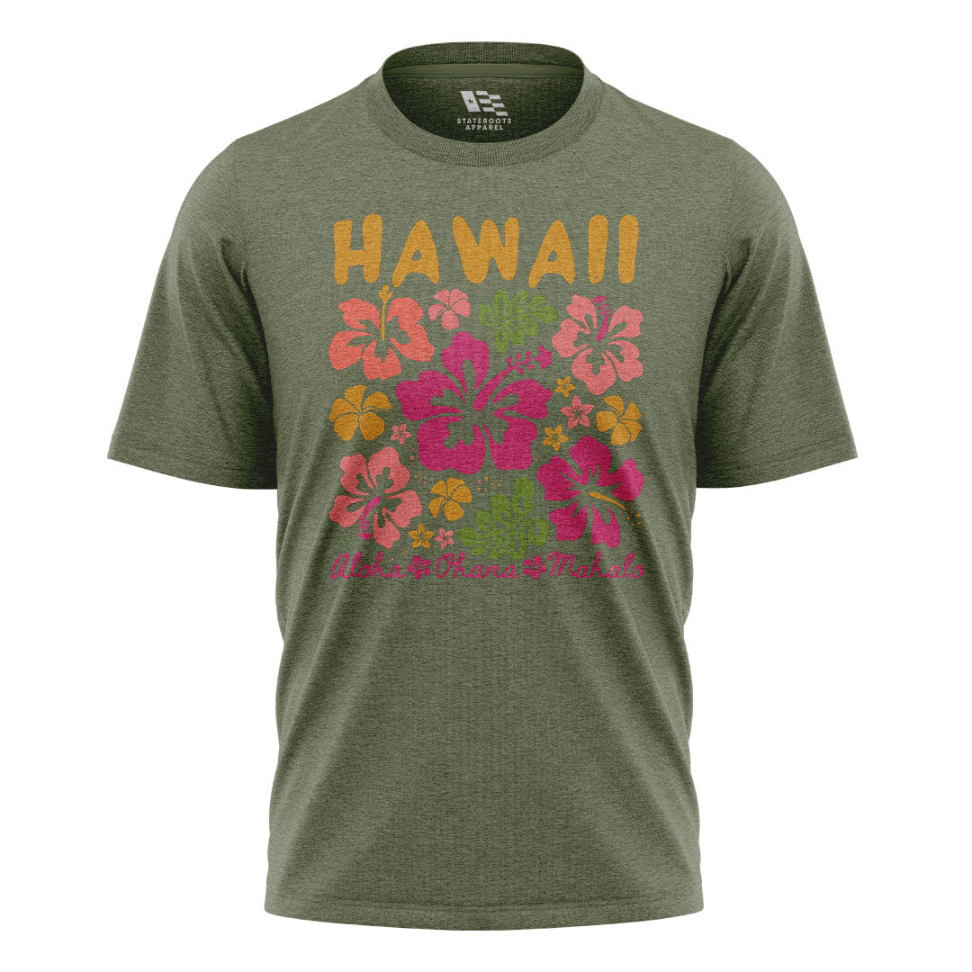 Hawaii Aloha Ohana Pohola Hibiscus Tee - Military Green flatlay