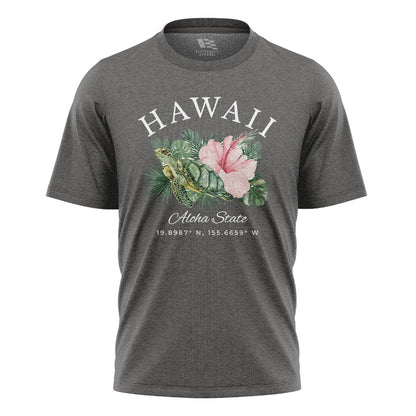 Hawaii Aloha State Coordinates Tee - Charcoal flatlay