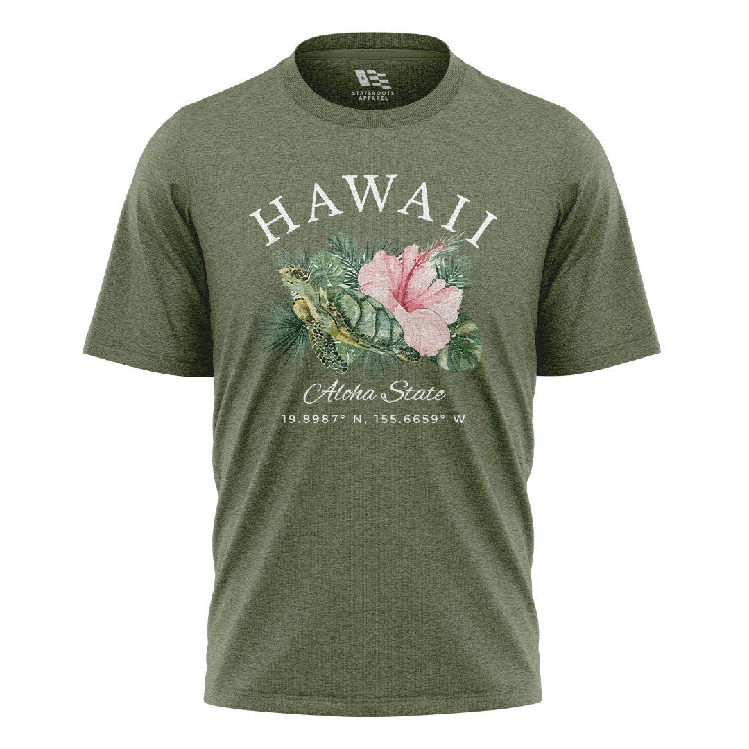 Hawaii Aloha State Coordinates Tee - Military Green flatlay