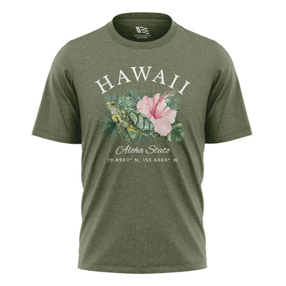 Hawaii Aloha State Coordinates Tee - Military Green flatlay