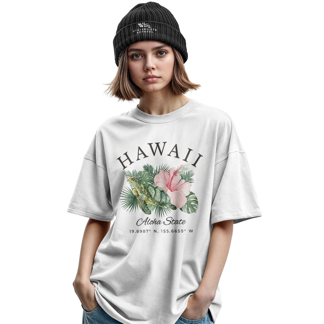Hawaii Aloha State Coordinates Tee - Military Green view