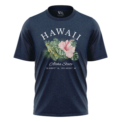 Hawaii Aloha State Coordinates Tee - Navy flatlay