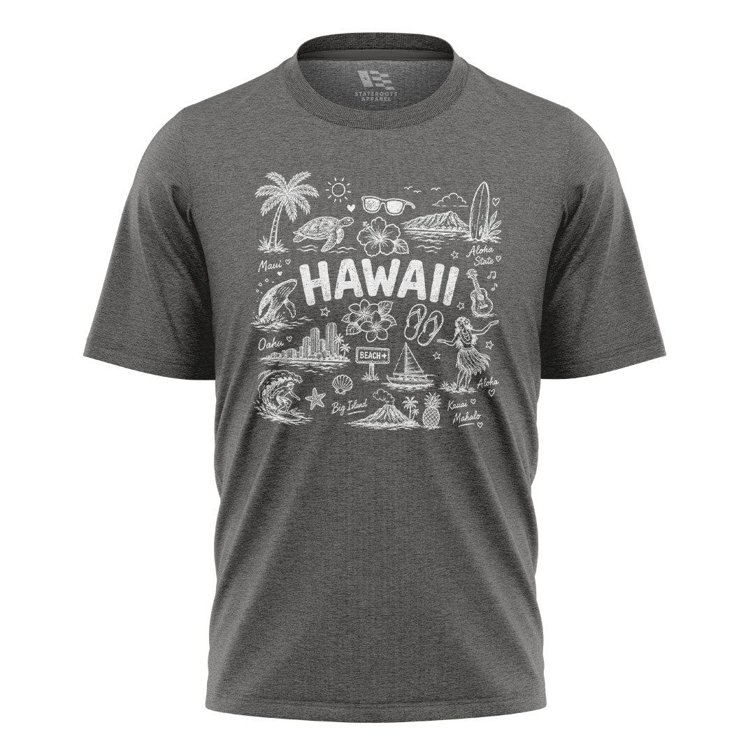 Hawaii Icons Doodle T-Shirt | Aloha Map Tee - Charcoal flatlay