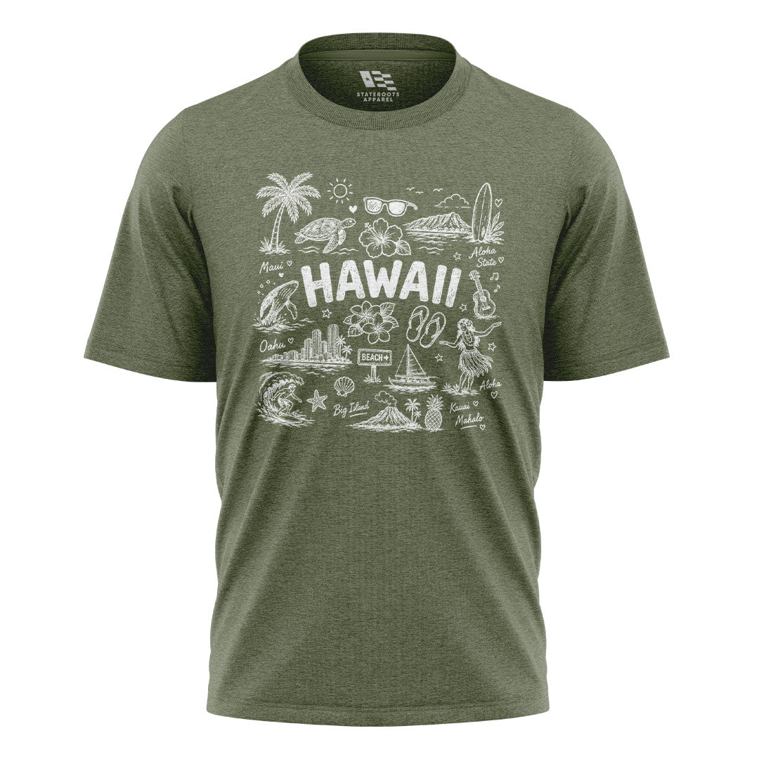 Hawaii Icons Doodle T-Shirt | Aloha Map Tee - Military Green flatlay