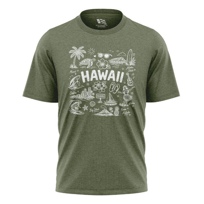 Hawaii Icons Doodle T-Shirt | Aloha Map Tee - Military Green flatlay