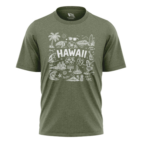 Hawaii Icons Doodle T-Shirt | Aloha Map Tee - Military Green flatlay