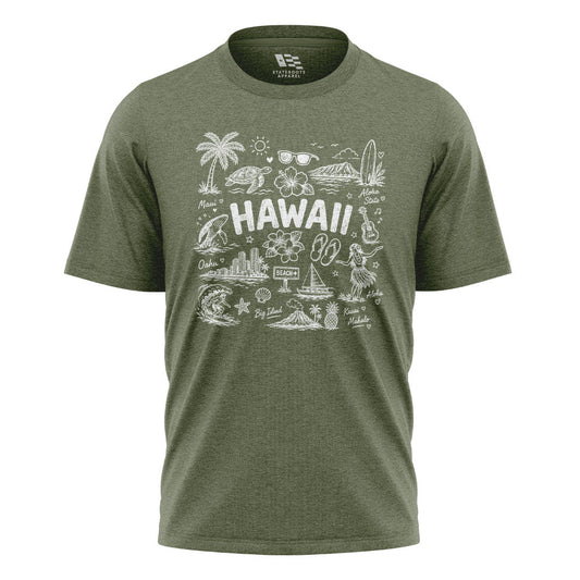 Hawaii Icons Doodle T-Shirt | Aloha Map Tee - Military Green flatlay