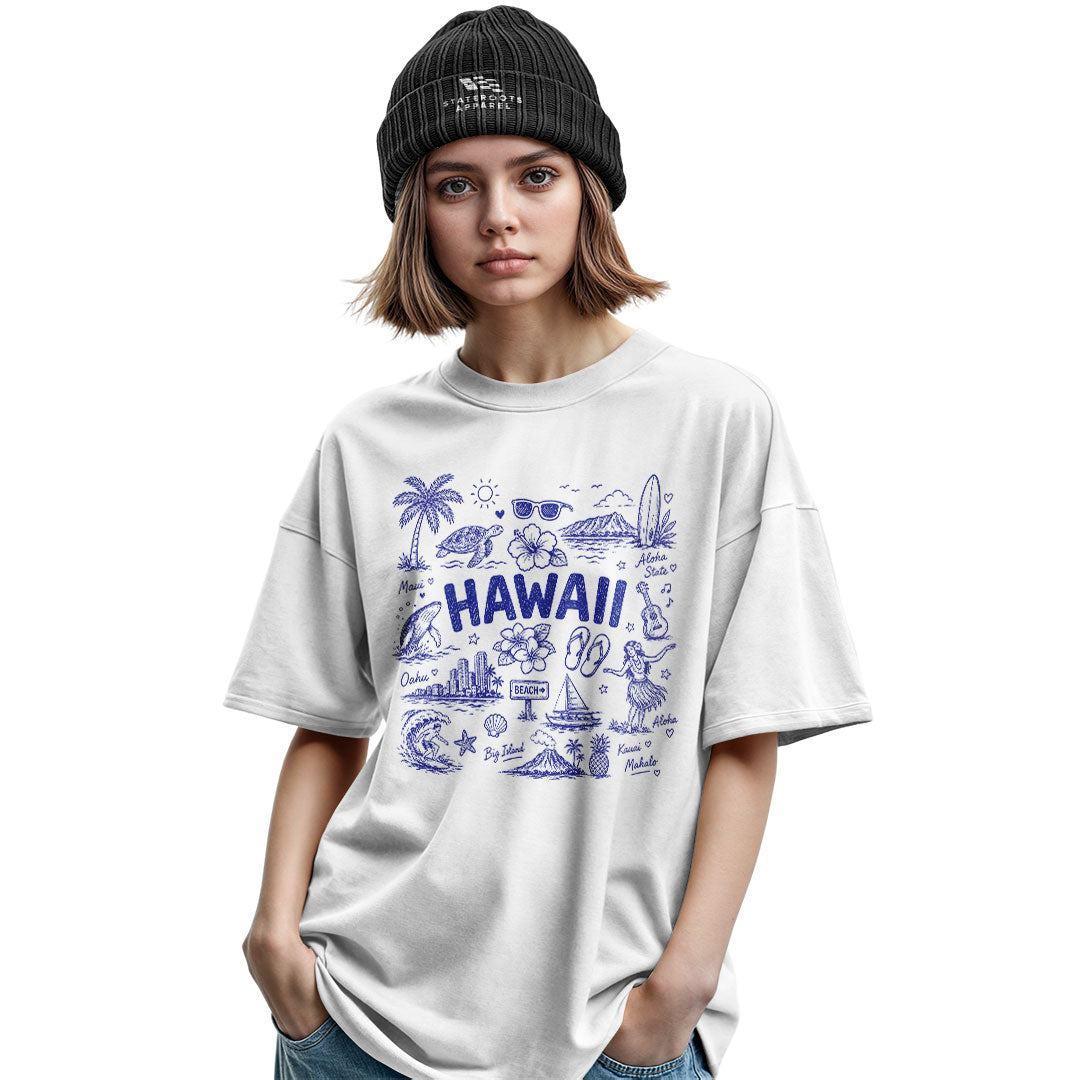 Hawaii Icons Doodle T-Shirt | Aloha Map Tee - Military Green view