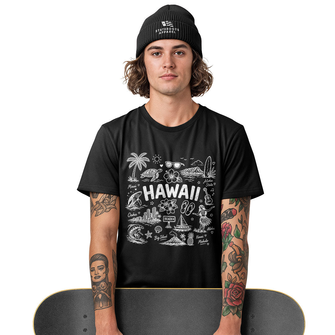 Hawaii Icons Doodle T-Shirt | Aloha Map Tee - Navy view