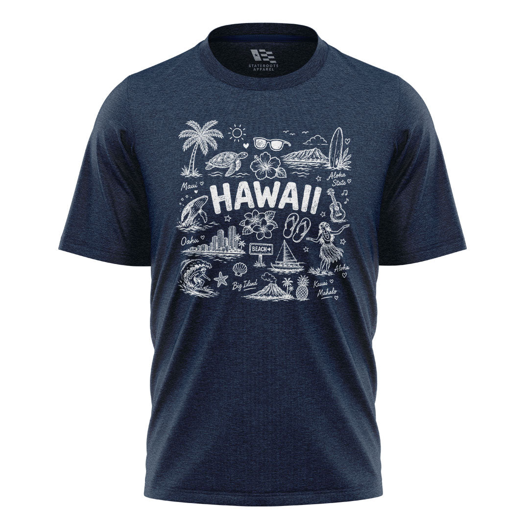 Hawaii Icons Doodle T-Shirt | Aloha Map Tee - Navy flatlay