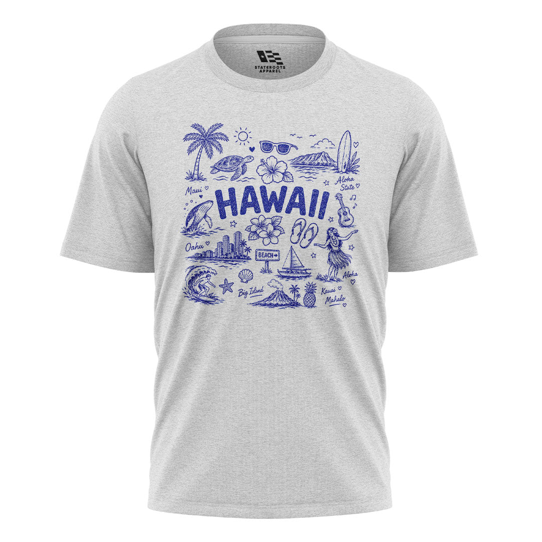 Hawaii Icons Doodle T-Shirt | Aloha Map Tee - White flatlay