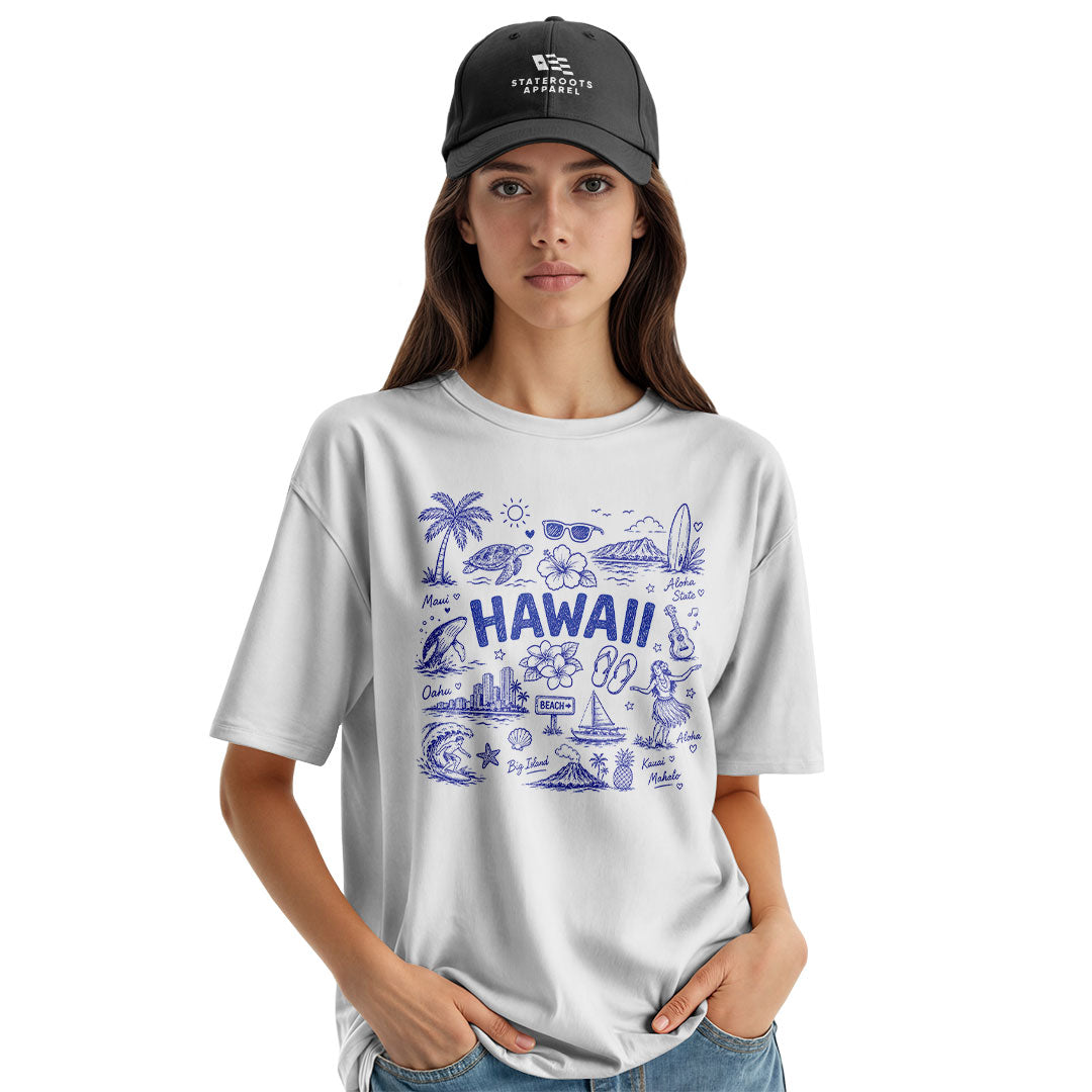 Hawaii Icons Doodle T-Shirt | Aloha Map Tee - White view