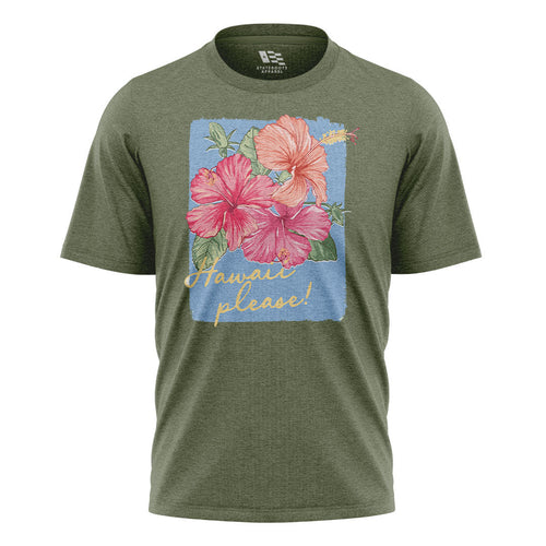 Hawaii Please Watercolor Hibiscus Tee - Military Green flatlay
