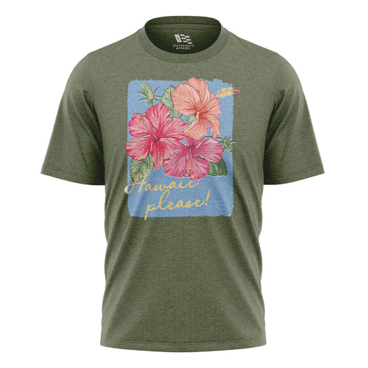 Hawaii Please Watercolor Hibiscus Tee - Military Green flatlay