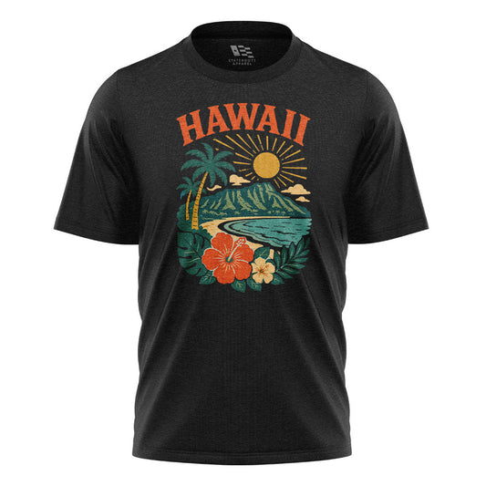 Hawaii Retro Sunset Diamond Head Tee - Black flatlay