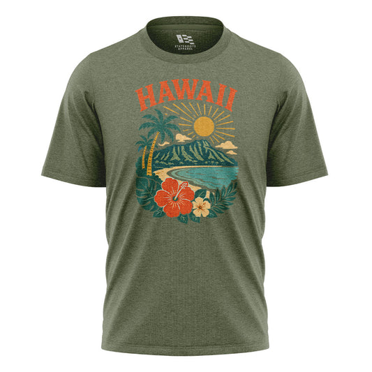Hawaii Retro Sunset Diamond Head Tee - Military Green flatlay