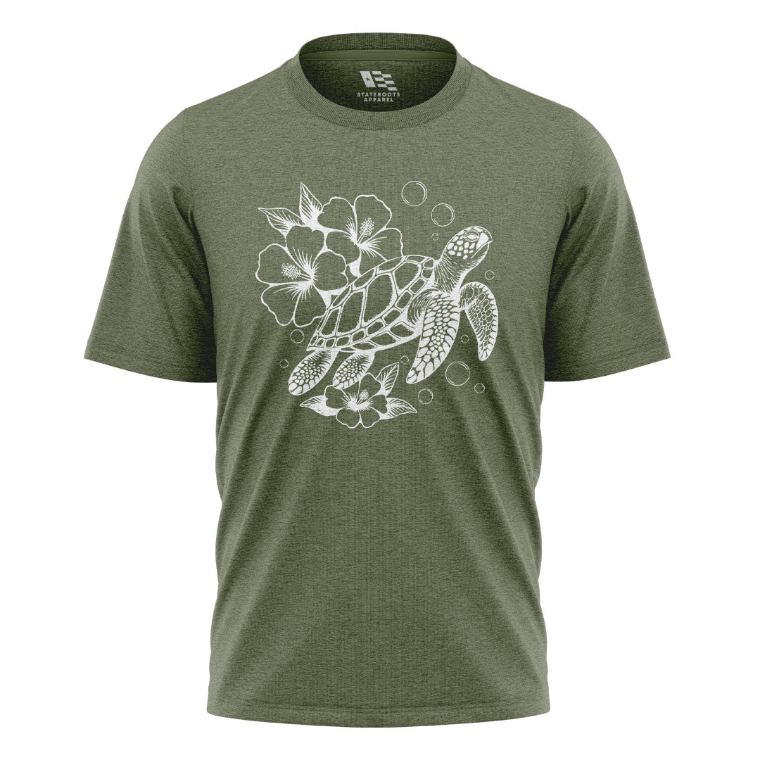Hawaii Sea Turtle Hibiscus Tee - Military Green flatlay
