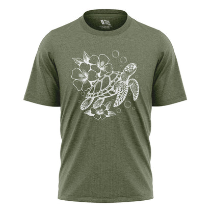 Hawaii Sea Turtle Hibiscus Tee - Military Green flatlay